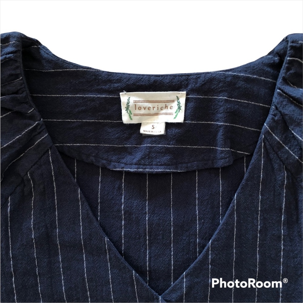 LOVERICHE VNECK BUTTON UP BLOUSE LONG SLEEVE NAVY WITH STRIPES SHIRT SIZE SMALL - Picture 2 of 6